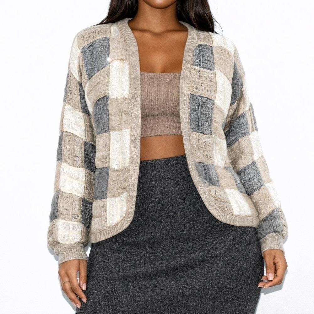 80s Vintage Bonnie Bill Mohair Boho Cardigan M Patchwork Knit Gray Taupe Ivory L